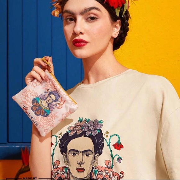 New Frida Kahlo Pink Large Shopper Bag Polyester Double Handle w Pouch - Picture 3 of 7